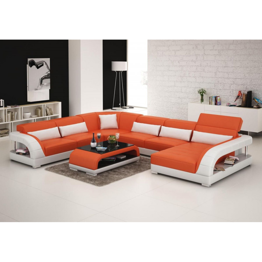 Jubilee Copenhagen Modern Left Hand Facing Sectional with Coffee Table - Orange/White, Italian Top Grain Leather