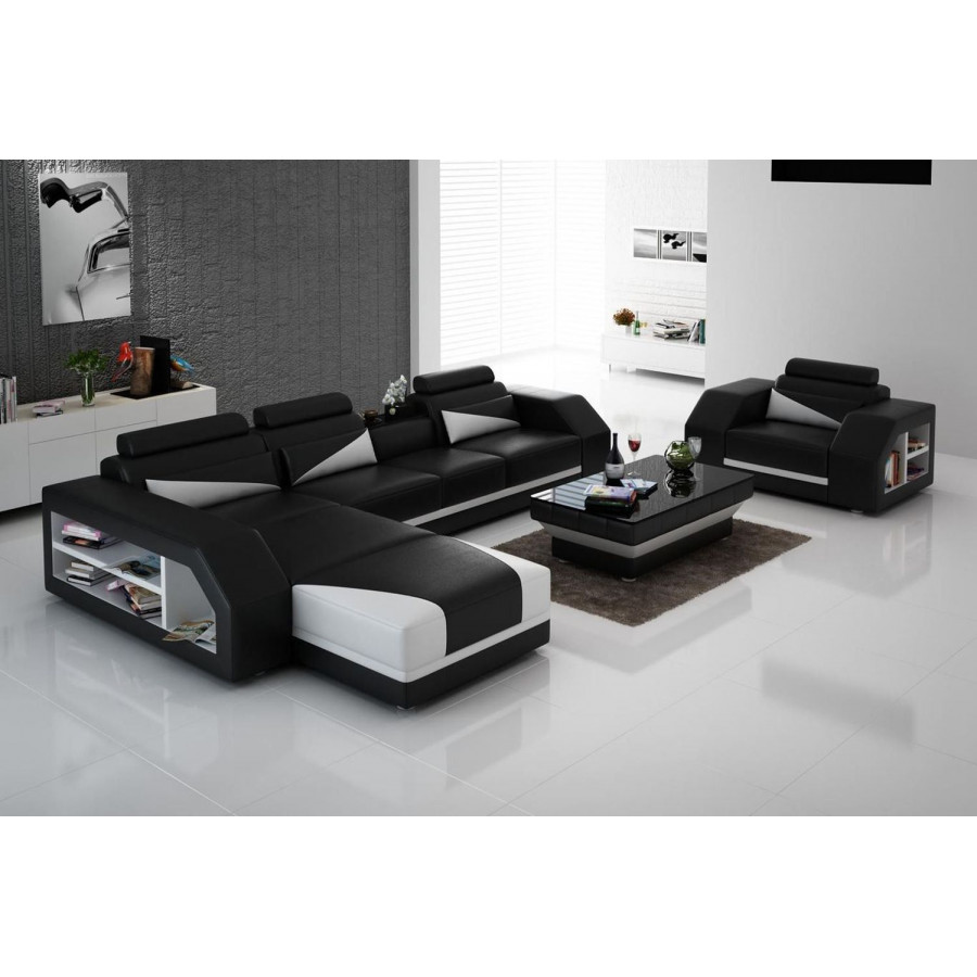 Jubilee Landy Right Hand Facing Adjustable Headrest Sectional - Black/White, Bonded Leather