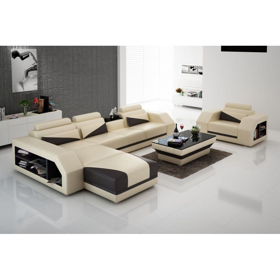 Jubilee Landy Left Hand Facing Adjustable Headrest Sectional with Coffee Table - Beige/Dark Brown, Bonded Leather