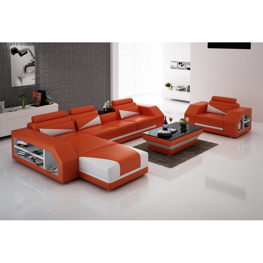 Jubilee Landy Right Hand Facing Adjustable Headrest Sectional - Orange/White, Bonded Leather