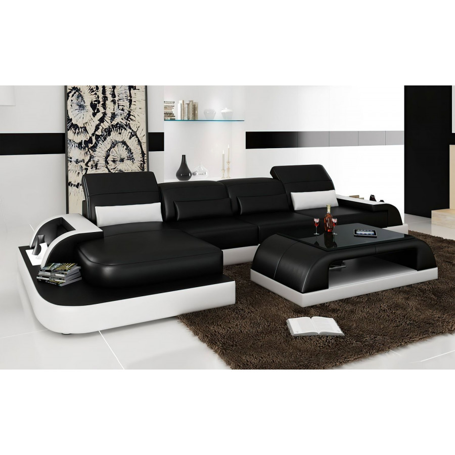 Jubilee Brosnan Left Hand Facing Sectional with Led - Black/White, Bonded Leather