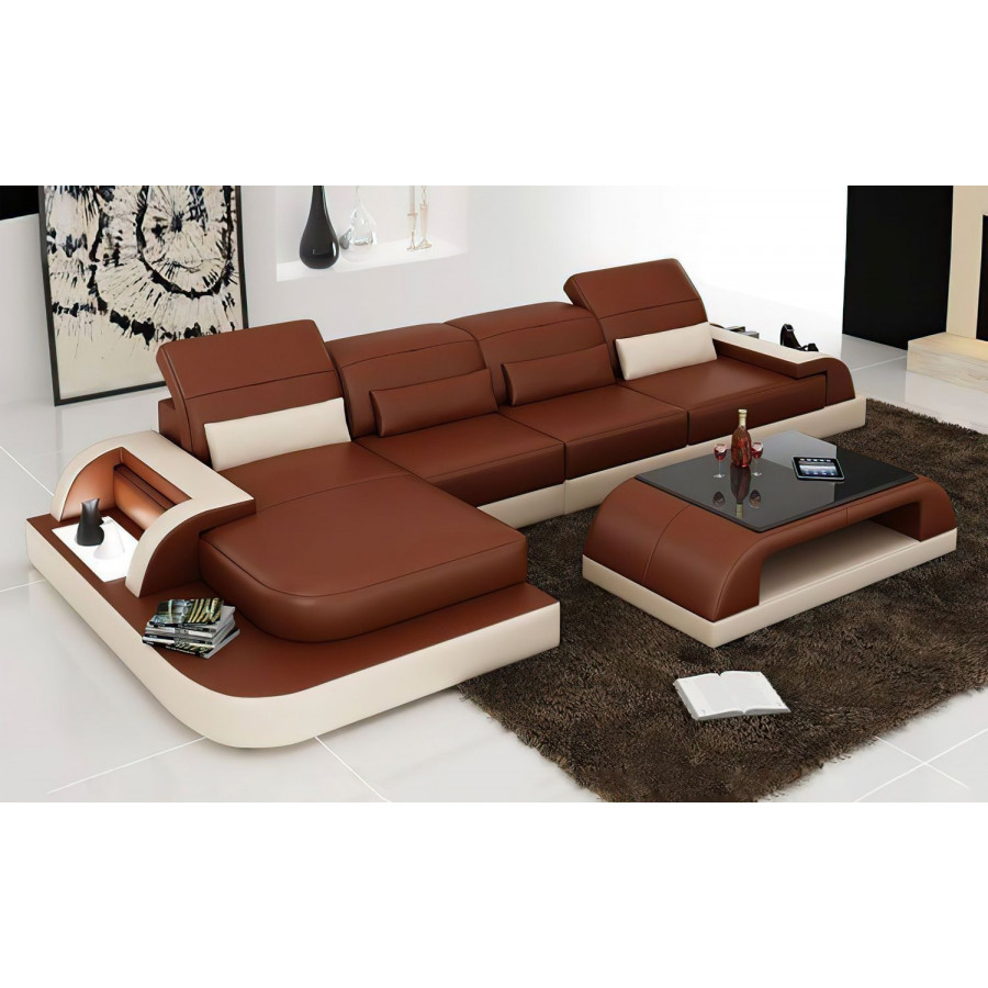 Jubilee Brosnan Left Hand Facing Sectional with Led - Brown/Beige, Bonded Leather