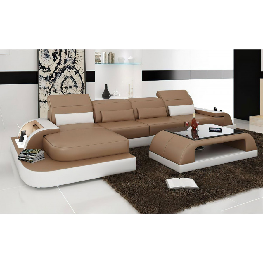 Jubilee Brosnan Left Hand Facing Sectional with Led - Tan/White, Bonded Leather