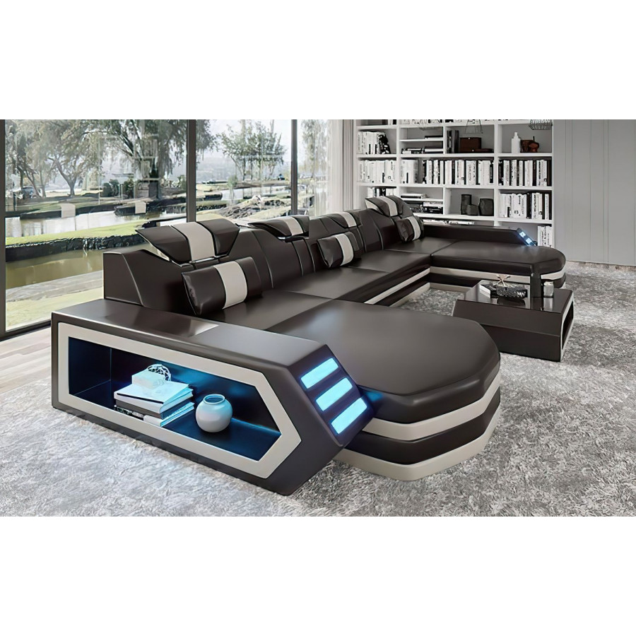 Jubilee Keenan Modern U-Shape Sectional with Leds - Black/White, Bonded Leather