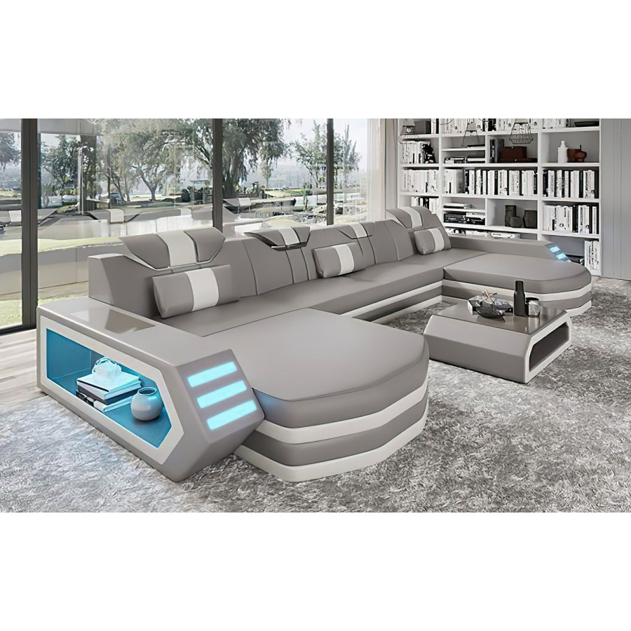 Jubilee Keenan Modern U-Shape Sectional with Leds - Gray/White, Bonded Leather