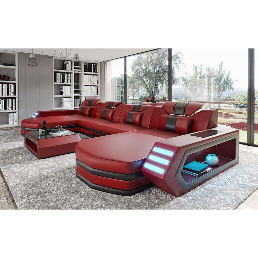 Jubilee Keenan Modern U-Shape Sectional with Leds - Red/Black, Bonded Leather