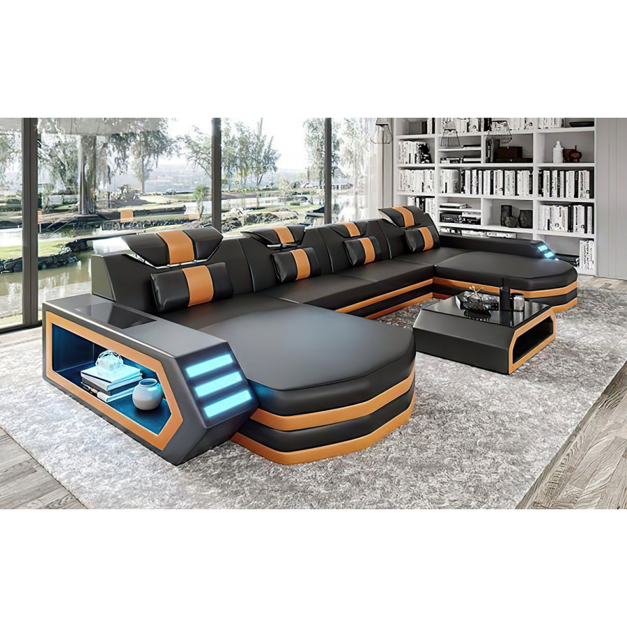 Jubilee Keenan Modern U-Shape Sectional with Leds - Black/Orange, Bonded Leather