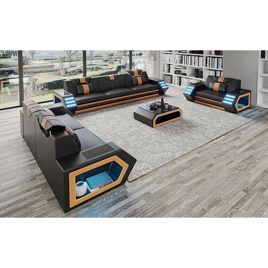 Jubilee Steffi Sofa Set with Led - Black/Orange, Bonded Leather
