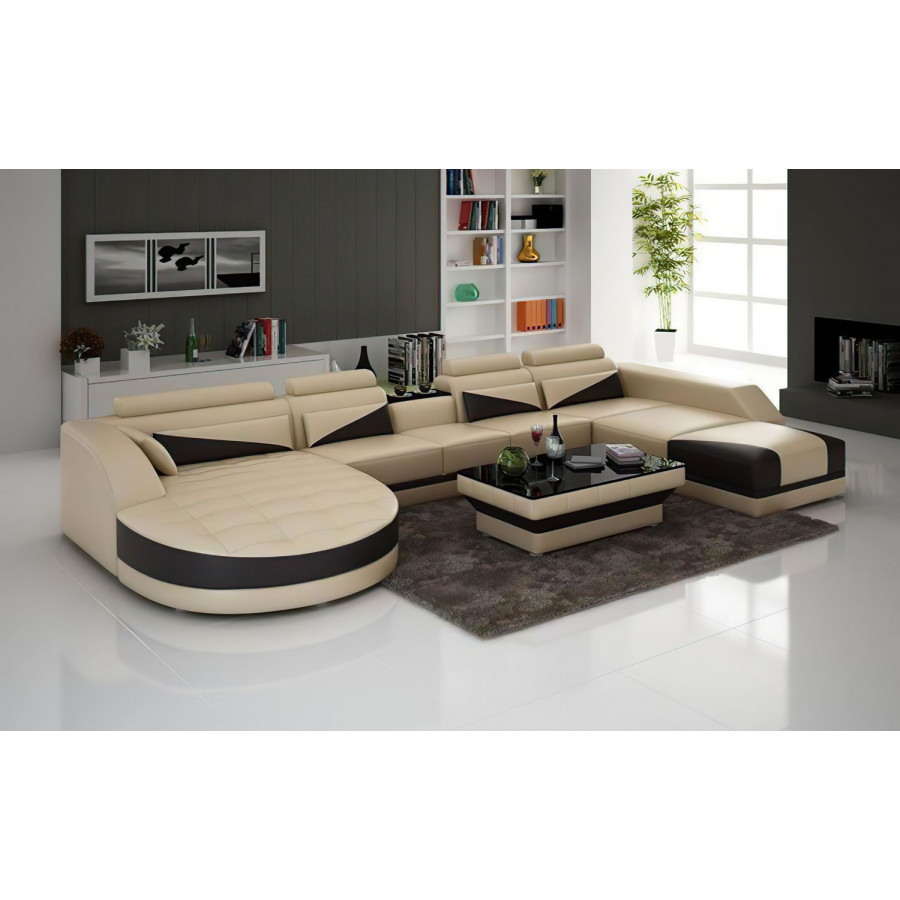 Jubilee Lilo Left Hand Facing Sectional with Shape Chaise - Beige/Dark Brown, Bonded Leather