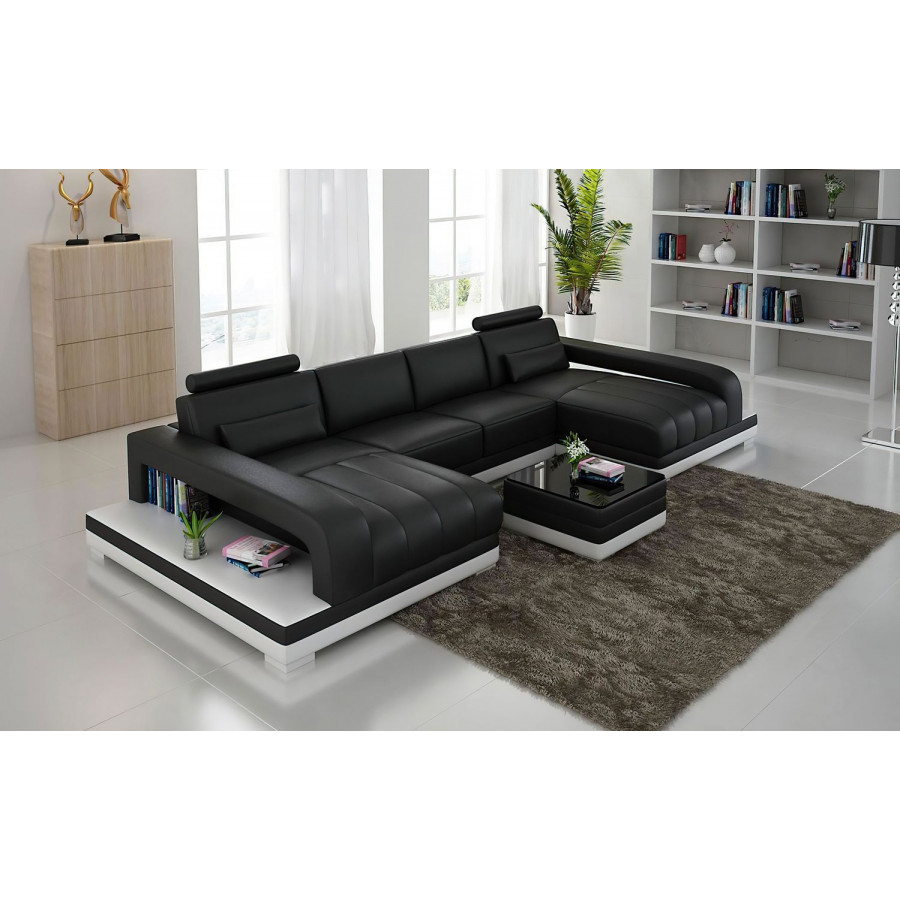 Jubilee Heather Small U-Shape Sectional with Chaise - Black/White, Bonded Leather