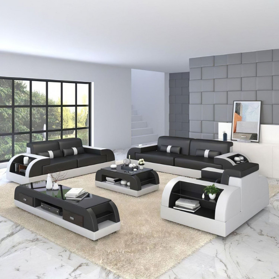 Jubilee Woofy Sofa Set with Side Storage - Black/White, Top Grain Italian Leather