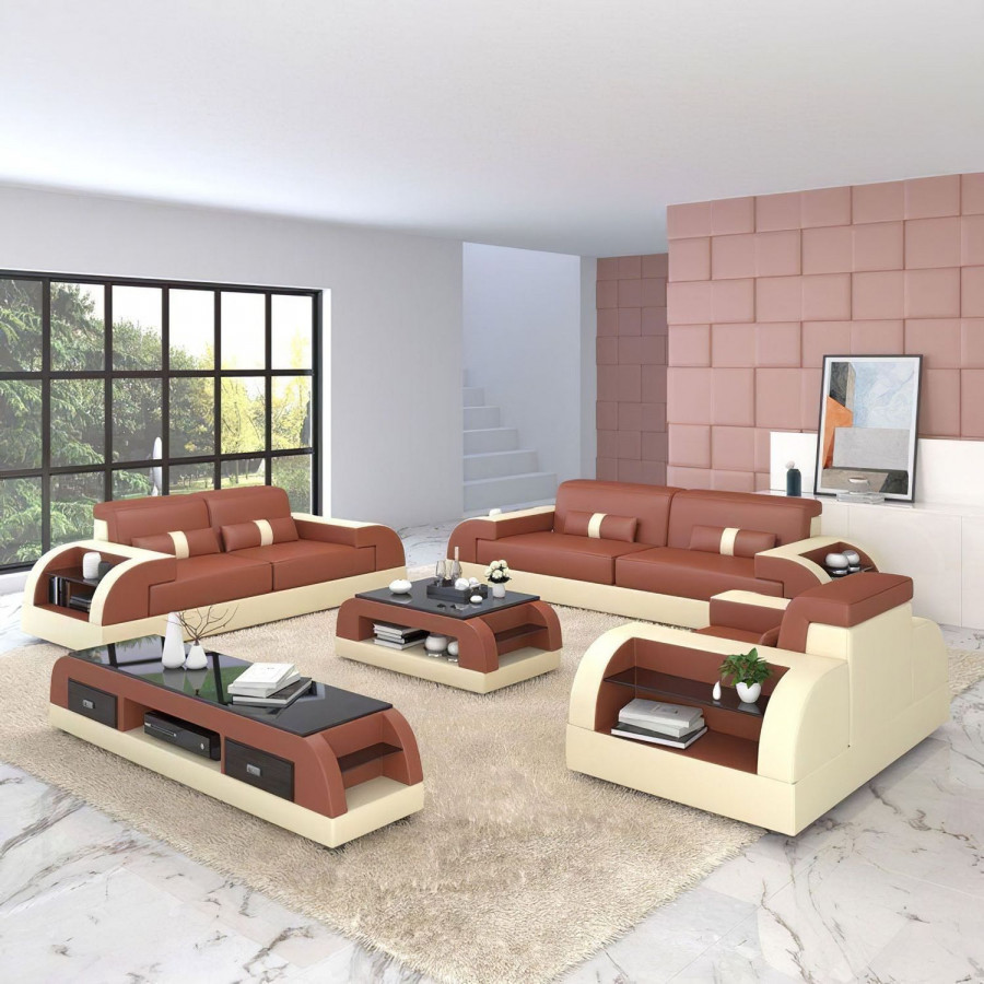 Jubilee Woofy Sofa Set with Side Storage - Brown/Beige, Bonded Leather