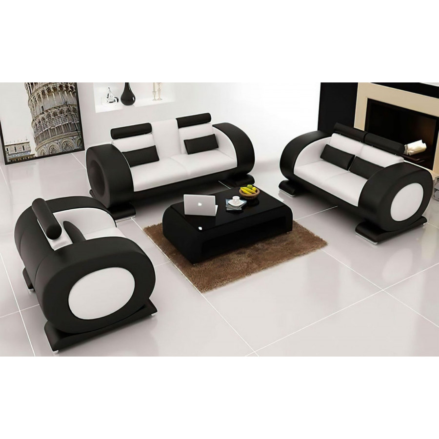 Jubilee Poily Sofa Set with Ottoman - Black/White, Bonded Leather
