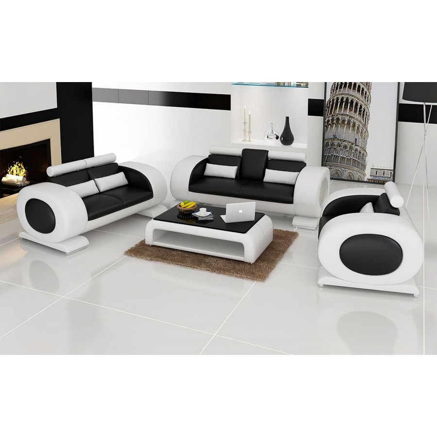 Jubilee Poily Sofa Set with Ottoman - White/Black, Bonded Leather