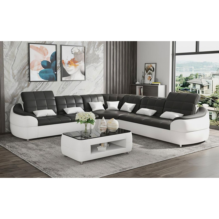 Jubilee Aumin Modern Corner Sectional with Adjustable Headrest - Black/White, Bonded Leather