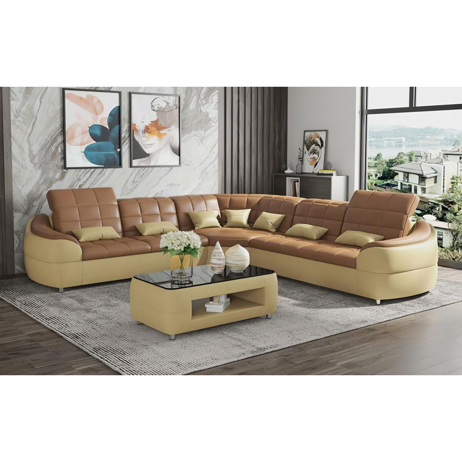 Jubilee Aumin Modern Corner Sectional with Adjustable Headrest - Tan/Beige, Bonded Leather