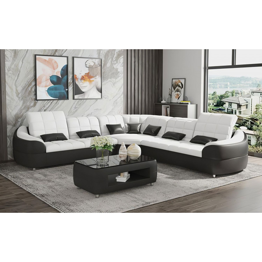 Jubilee Aumin Modern Corner Sectional with Adjustable Headrest - White/Black, Top Grain Italian Leather