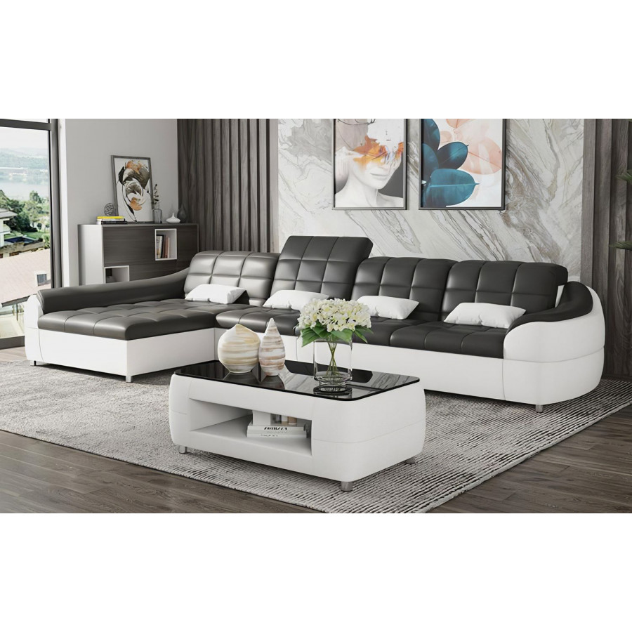Jubilee Aumin Small Left Hand Facing Sectional with Chaise - Black/White, Bonded Leather