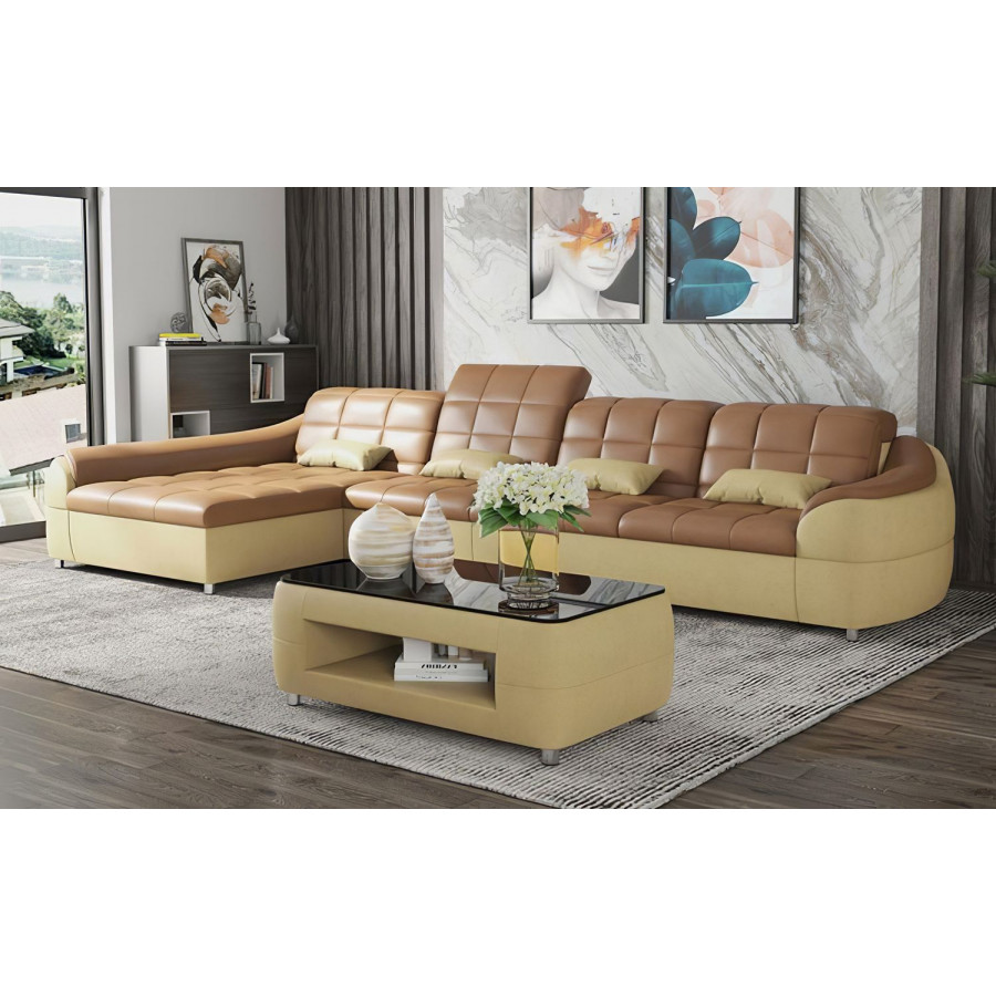 Jubilee Aumin Small Left Hand Facing Sectional with Chaise - Tan/Beige, Bonded Leather