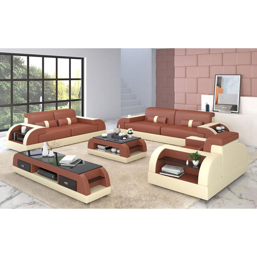 Jubilee Piliu Sofa Set with Side Storage - Brown/Beige, Bonded Leather