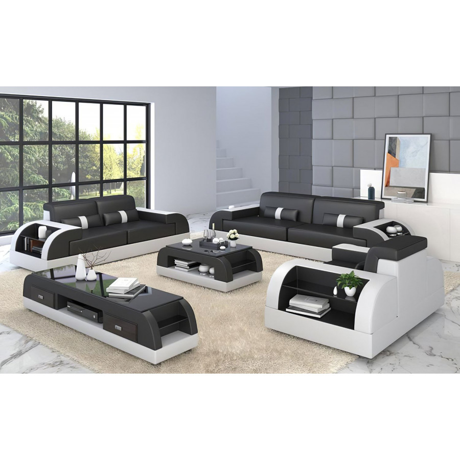 Jubilee Piliu Sofa Set with Side Storage - Black/White, Bonded Leather