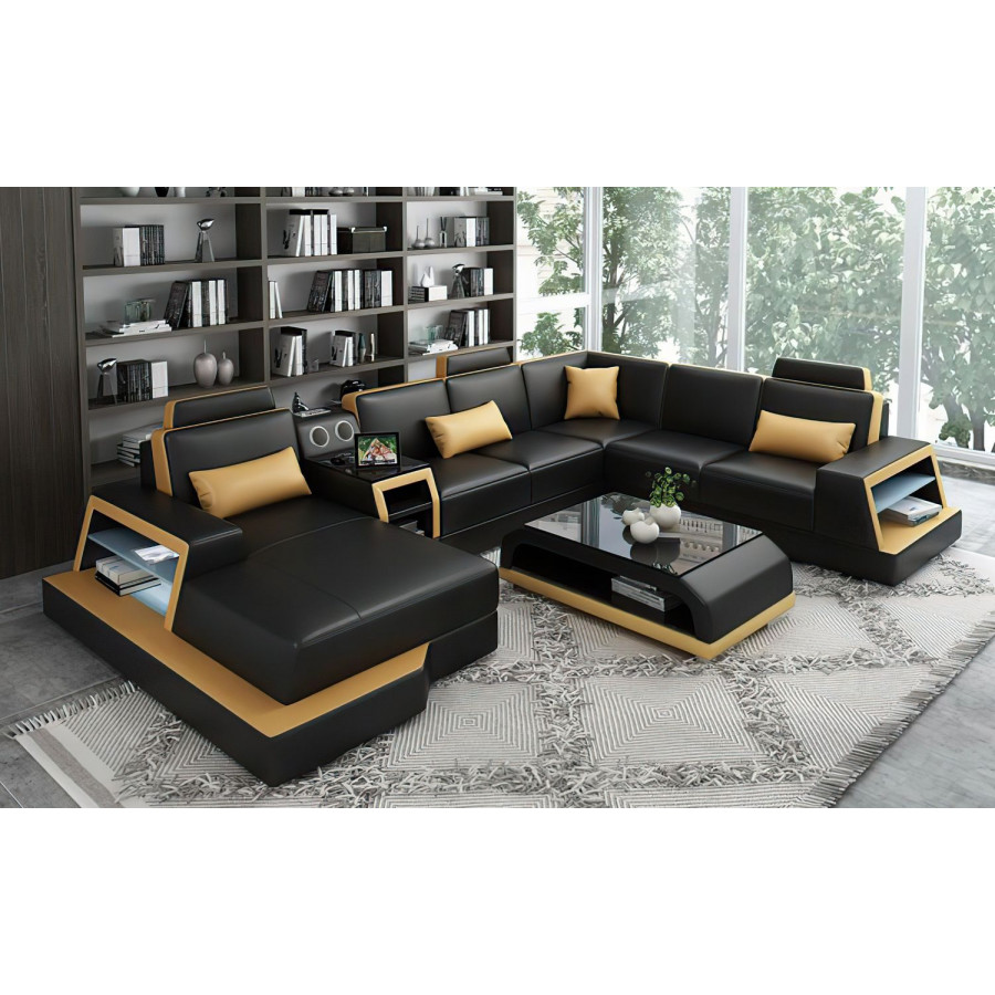 Jubilee Civia Modern Left Hand Facing Sectional with Console Table - Black/Tan, Bonded Leather