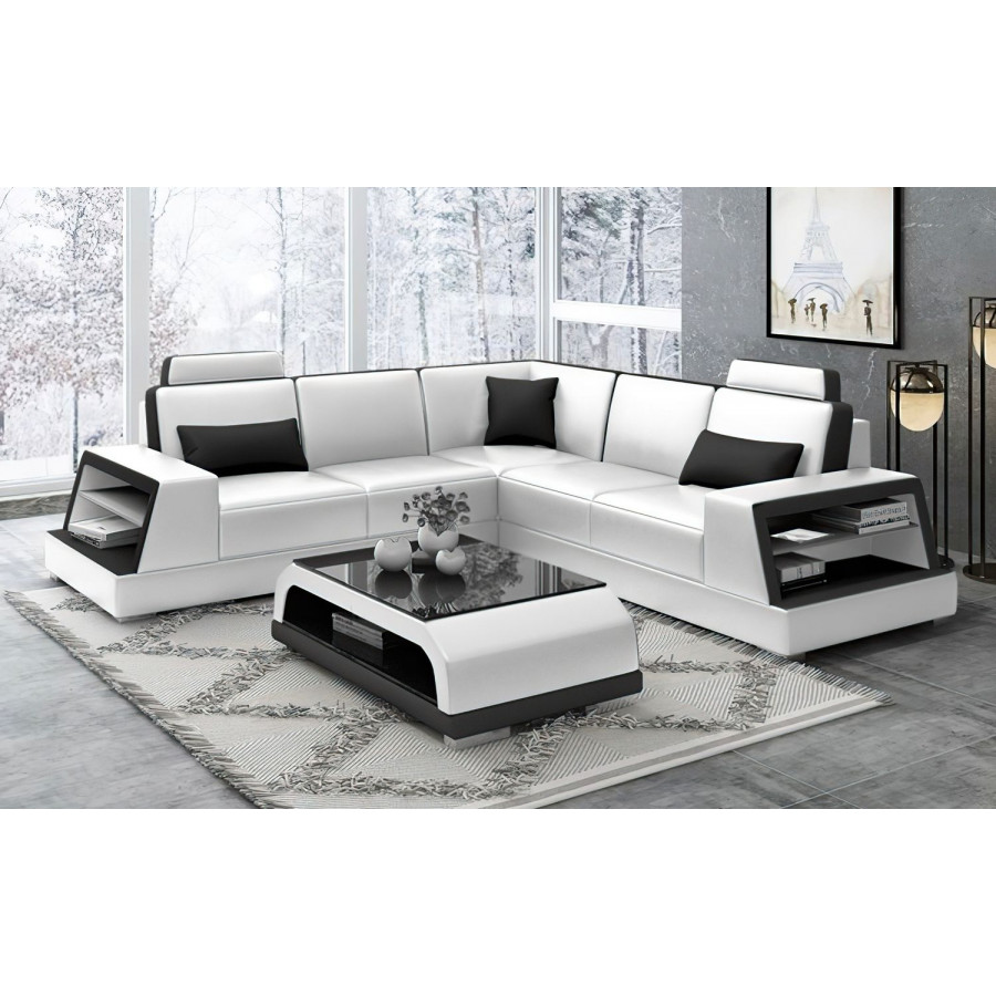 Jubilee Civia Modern Futuristic Corner Sectional - White/Black, Bonded Leather
