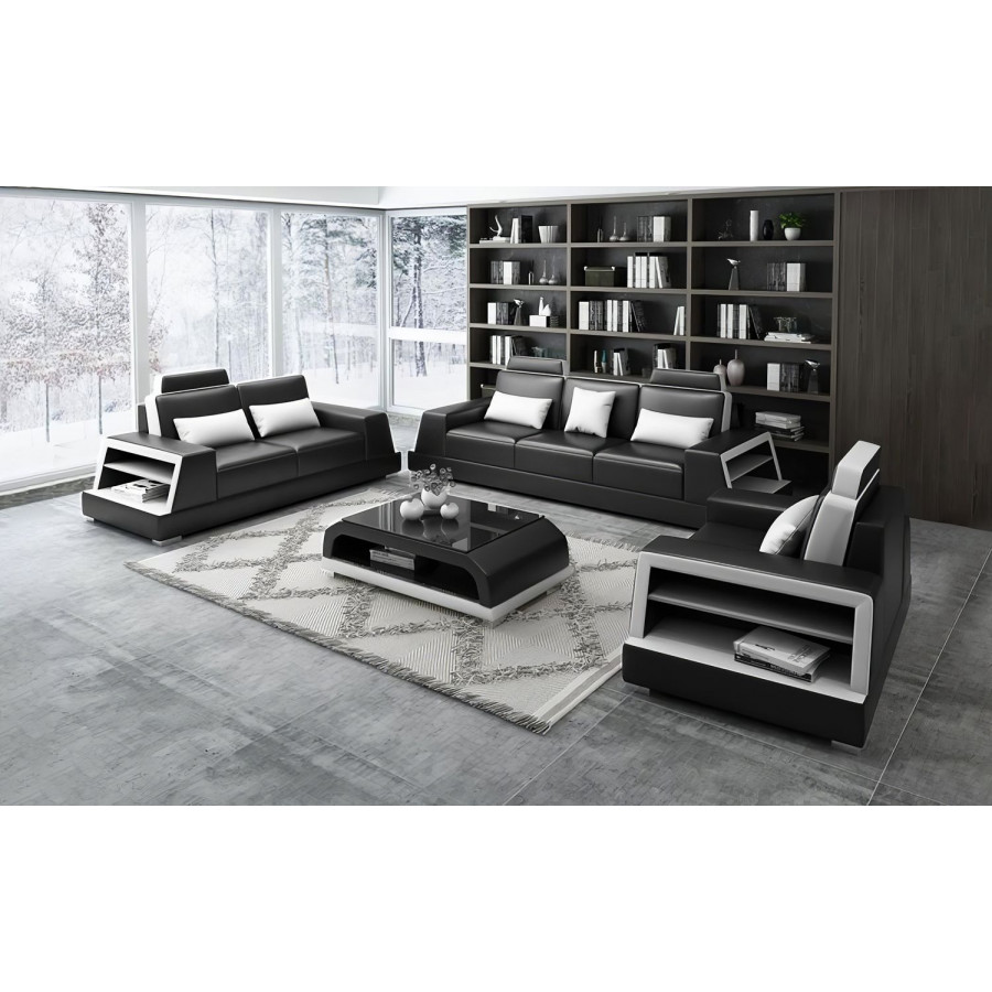 Jubilee Civia Sofa Set with Side Storage - Black/White, Top Grain Italian Leather