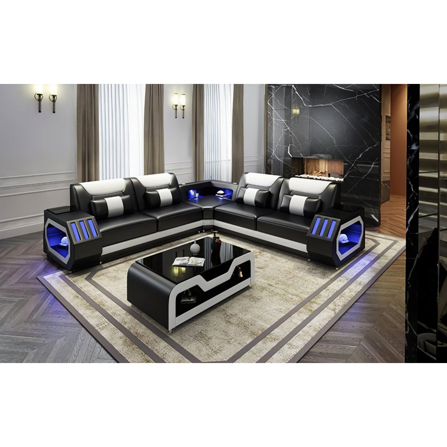 Jubilee Omont Corner Sectional with Led - Black/White, Bonded Leather
