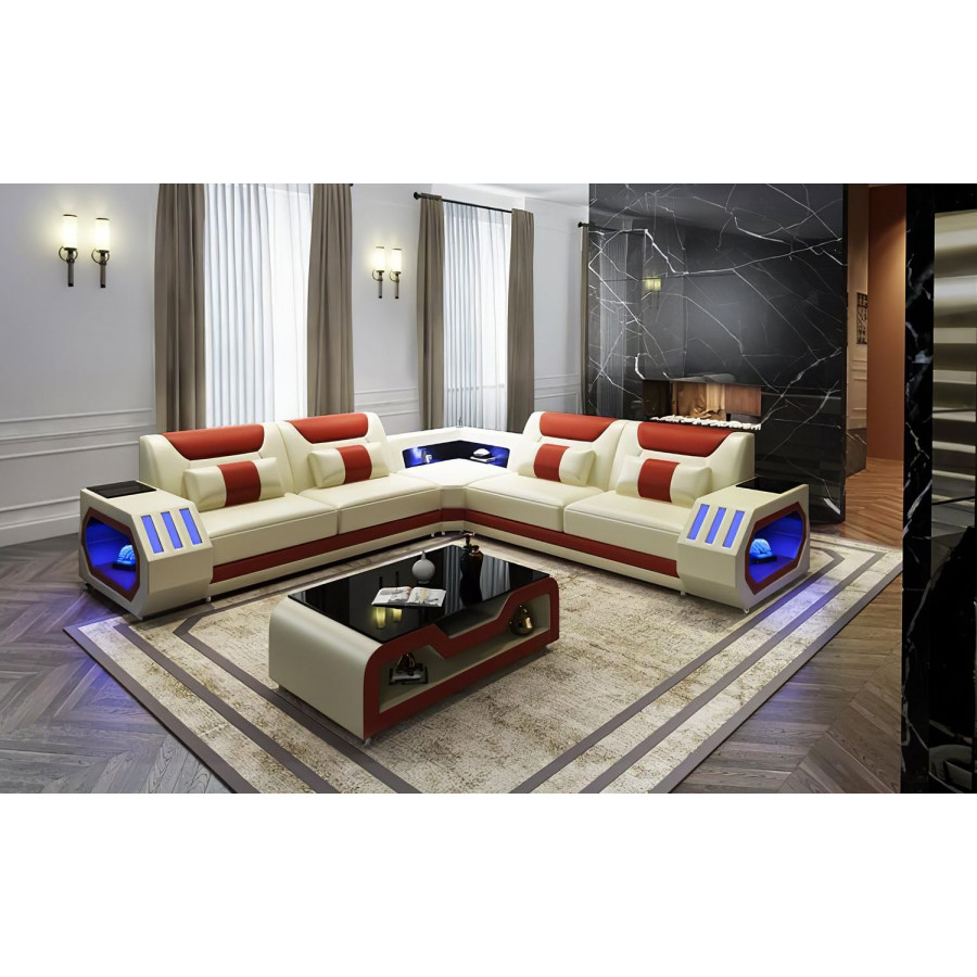Jubilee Omont Corner Sectional with Led - Cream/Orange, Bonded Leather