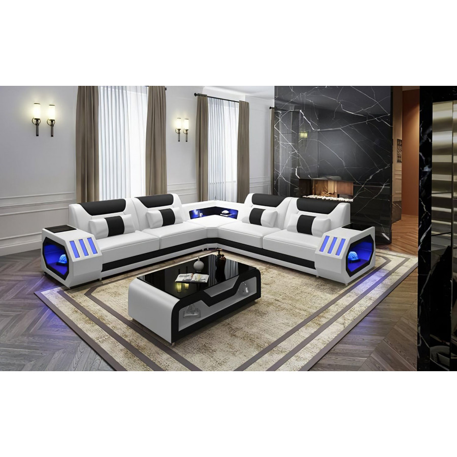Jubilee Omont Corner Sectional with Led - White/Black, Bonded Leather