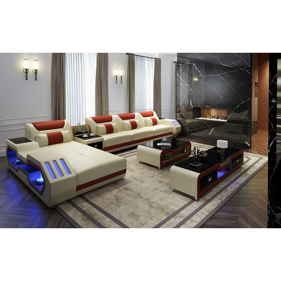 Jubilee Omont Small Left Hand Facing Sectional with Chaise - Cream/Orange, Bonded Leather