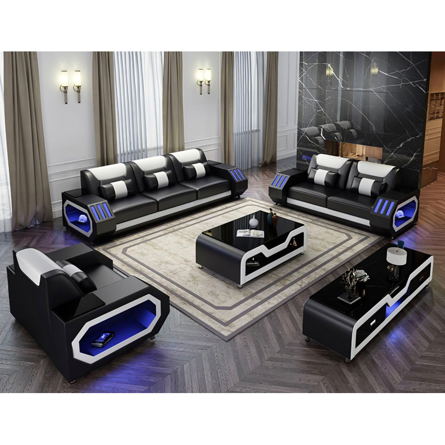 Jubilee Omont Sofa Set with Led - Black/White, Bonded Leather