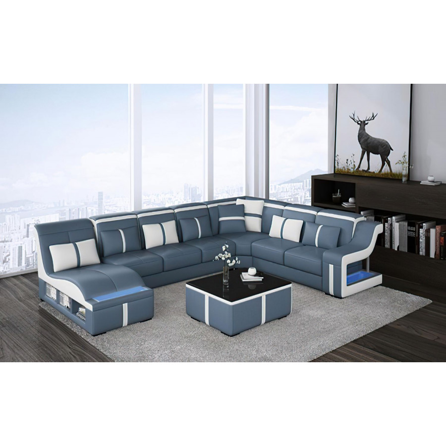 Jubilee Lisa Modern U-Shape Left Hand Facing Sectional - Blue/White, Bonded Leather