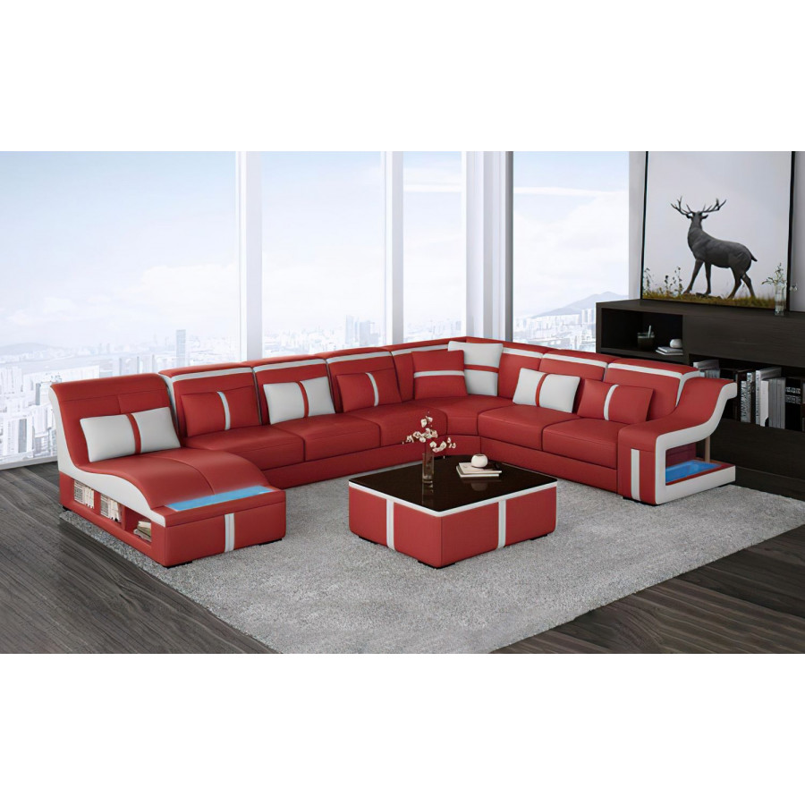 Jubilee Lisa Modern U-Shape Left Hand Facing Sectional - Red/White, Bonded Leather