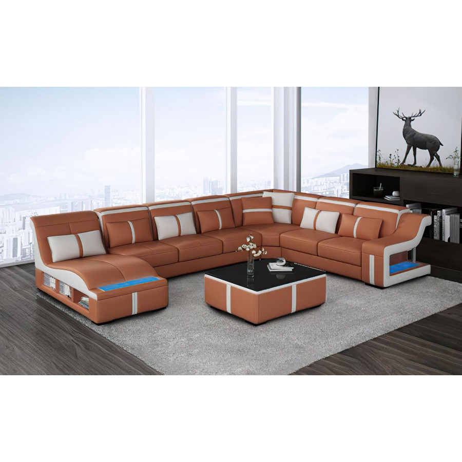 Jubilee Lisa Modern U-Shape Left Hand Facing Sectional - Brown/White, Bonded Leather