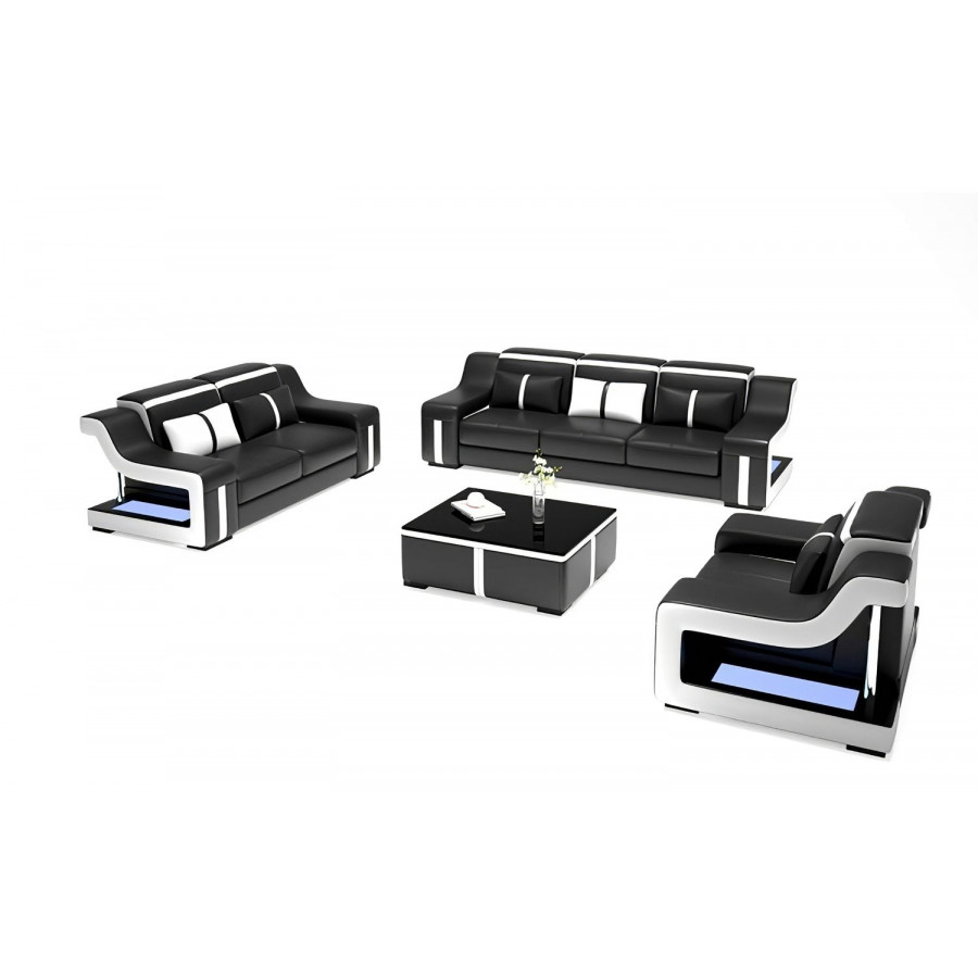 Jubilee Lisa Sofa Set with Led - Black/White, Top Grain Italian Leather