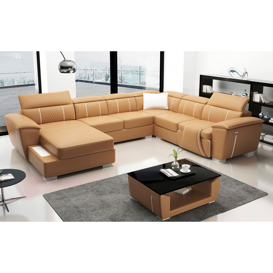 Jubilee Uli Modern U-Shape Left Hand Facing Sectional - Tan/White, Bonded Leather