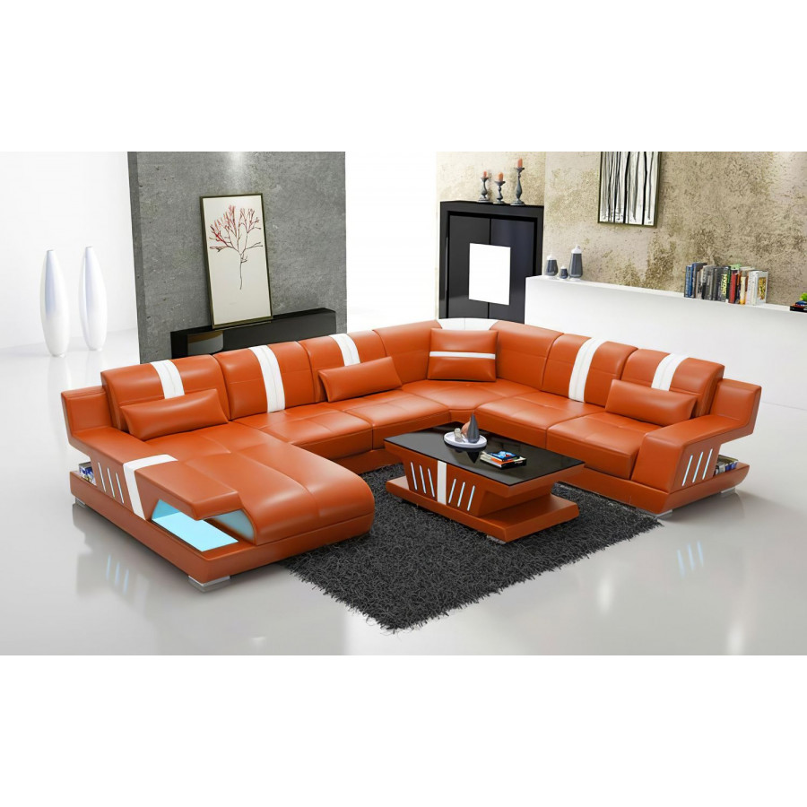Jubilee Yuli Modern U-Shape Left Hand Facing Sectional - Orange/White, Bonded Leather