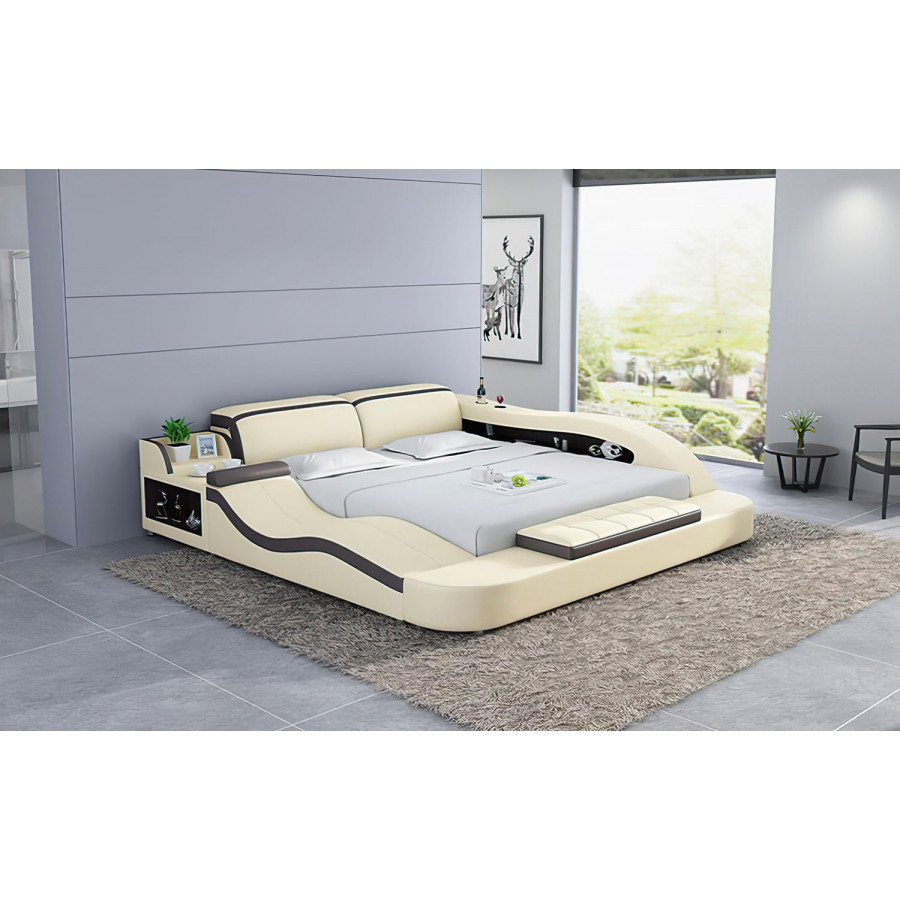 Jubilee Victor Multifunctional Queen Size Left Hand Facing Bed with Storage - Beige/Dark Brown, Bonded Leather