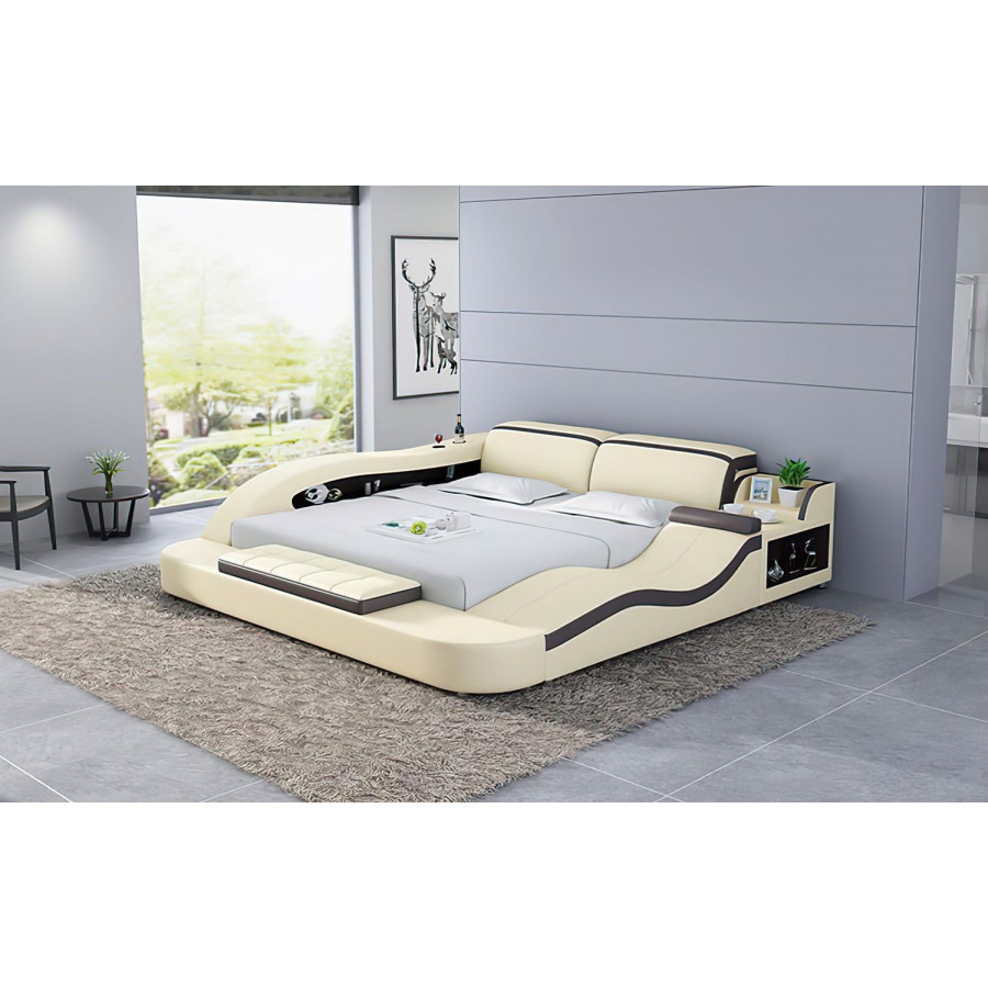 Jubilee Victor Multifunctional Queen Size Right Hand Facing Bed with Storage - Beige/Dark Brown, Bonded Leather