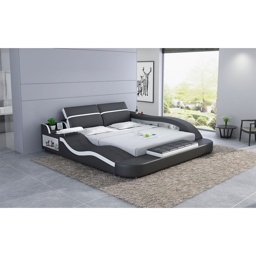 Jubilee Victor Multifunctional Queen Size Left Hand Facing Bed with Storage - Black/White, Bonded Leather