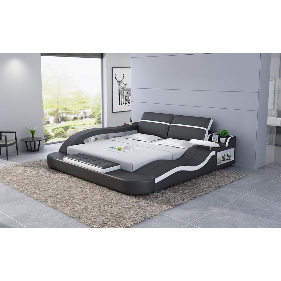 Jubilee Victor Multifunctional Queen Size Right Hand Facing Bed with Storage - Black/White, Bonded Leather