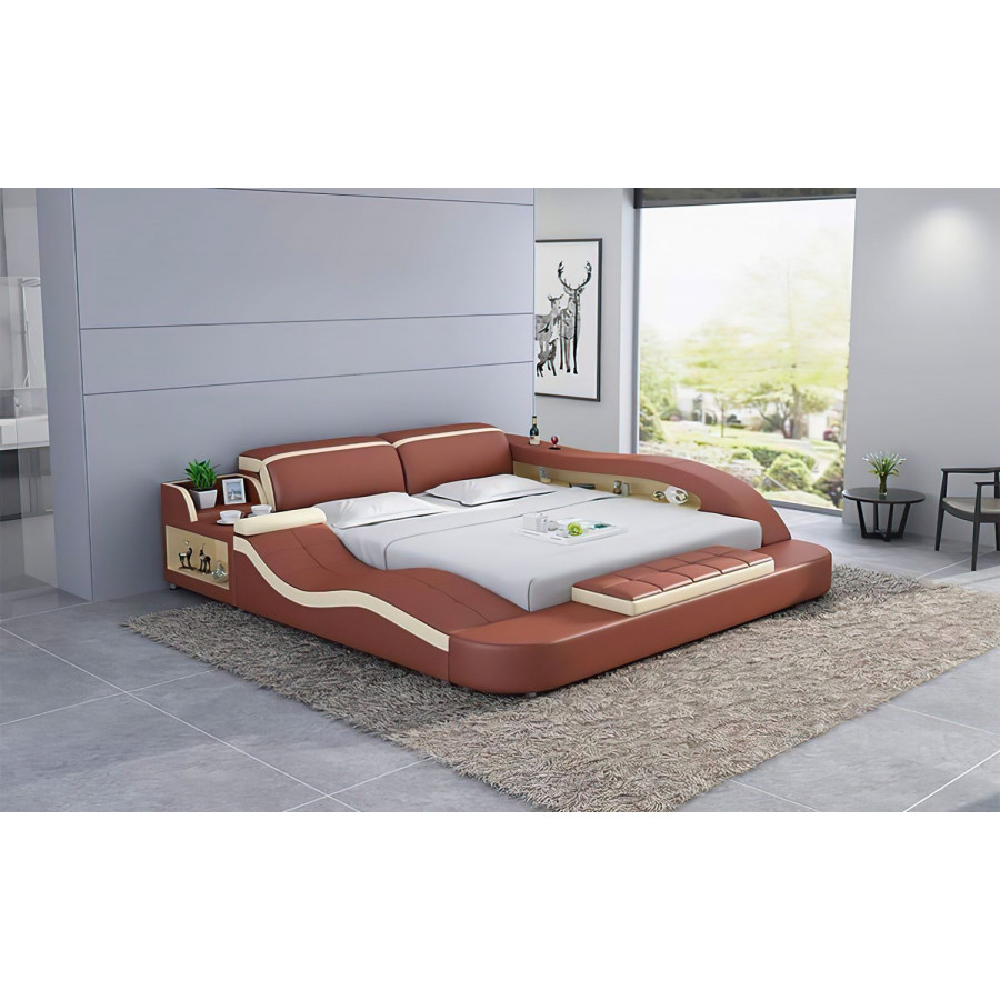 Jubilee Victor Multifunctional Queen Size Left Hand Facing Bed with Storage - Brown/Beige, Bonded Leather