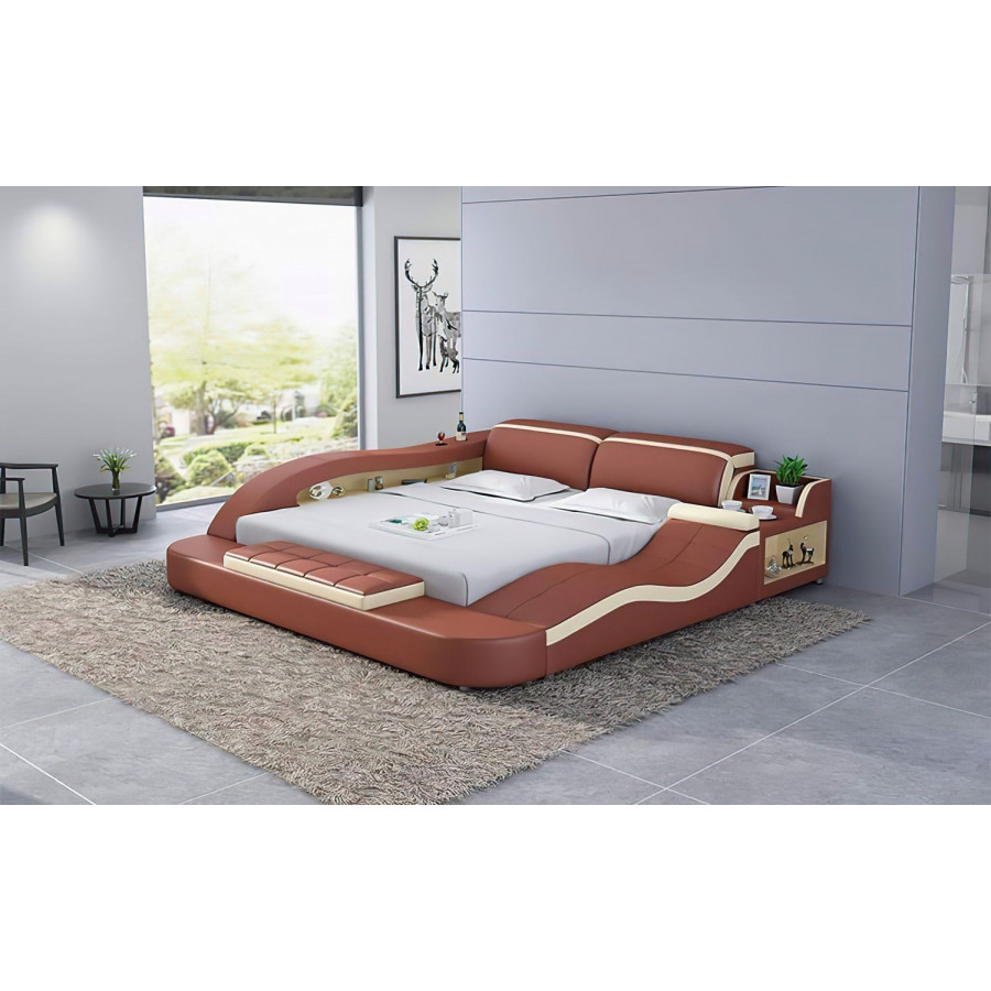 Jubilee Victor Multifunctional Queen Size Right Hand Facing Bed with Storage - Brown/Beige, Bonded Leather