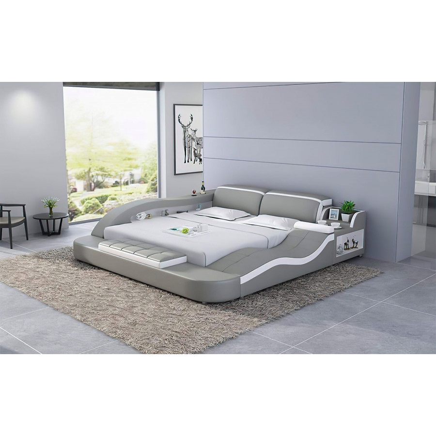 Jubilee Victor Multifunctional Queen Size Right Hand Facing Bed with Storage - Gray/White, Bonded Leather