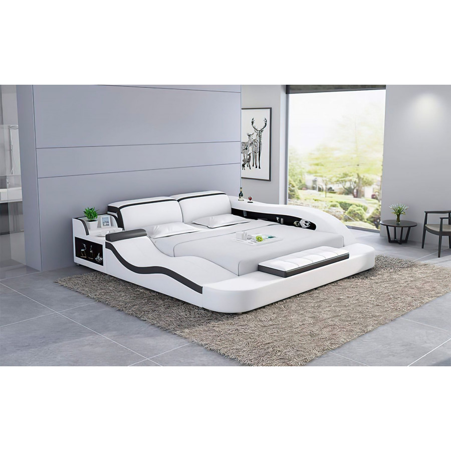Jubilee Victor Multifunctional King Size Left Hand Facing Bed with Storage - White/Black, Bonded Leather