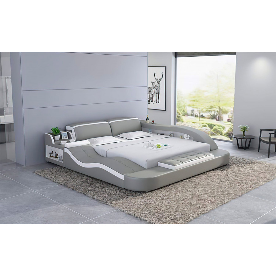Jubilee Victor Multifunctional King Size Left Hand Facing Bed with Storage - Gray/White, Bonded Leather