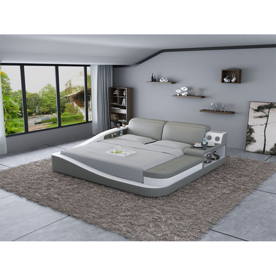 Jubilee Rebino Queen Size Right Hand Facing Bed with Storage - Light Gray/White, Bonded Leather