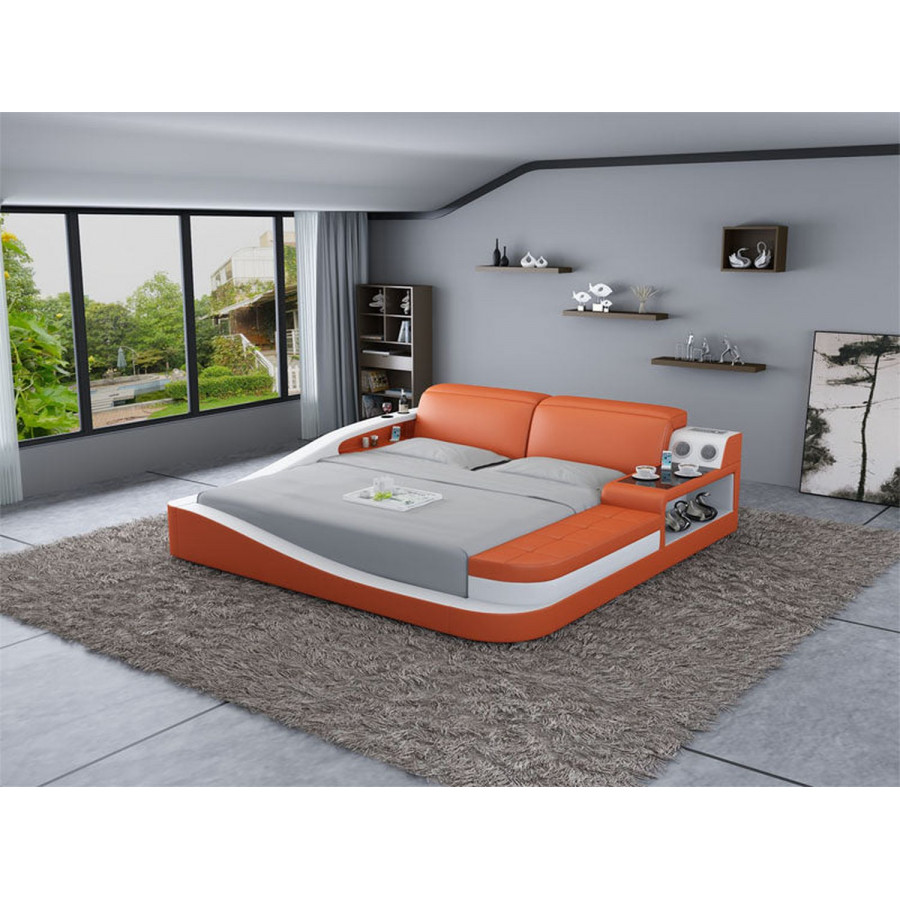 Jubilee Rebino Queen Size Right Hand Facing Bed with Storage - Orange/White, Top Grain Italian Leather